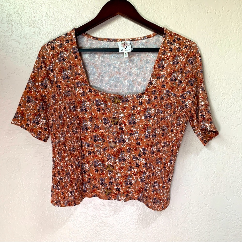 Self Esteem Brown Floral Crop Top Square Neck Side Smocking Juniors Size M